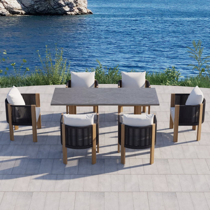 HMR - 2 Pieces Modern Aluminum & Ropes Outdoor Patio Dining Chair Set in Black & Brown