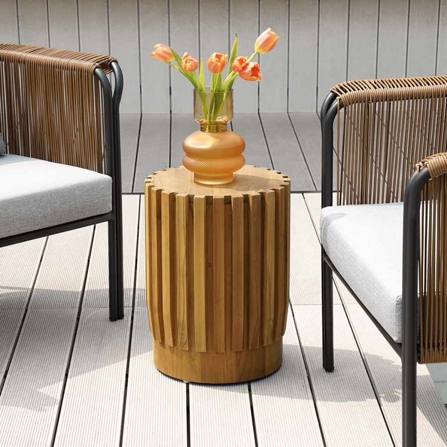 HMR - 2-Pieces Rustic Round & Rectangle Teak Wood Outdoor Coffee Table Set in Natural