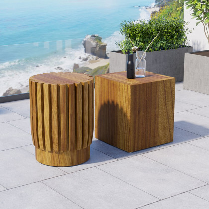 HMR - 2-Pieces Rustic Round & Rectangle Teak Wood Outdoor Coffee Table Set in Natural