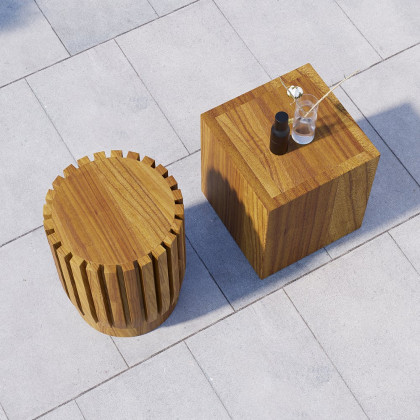 HMR - 2-Pieces Rustic Round & Rectangle Teak Wood Outdoor Coffee Table Set in Natural