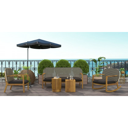 HMR - 2-Pieces Rustic Round & Rectangle Teak Wood Outdoor Coffee Table Set in Natural