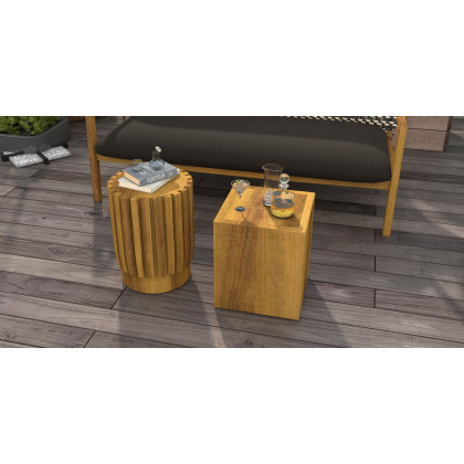 HMR - 2-Pieces Rustic Round & Rectangle Teak Wood Outdoor Coffee Table Set in Natural