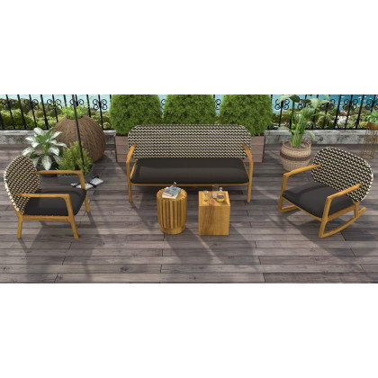 HMR - 2-Pieces Rustic Round & Rectangle Teak Wood Outdoor Coffee Table Set in Natural