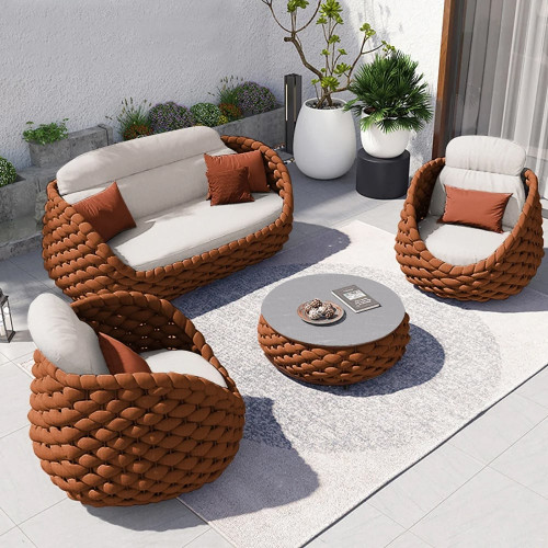 HMR Tatta Woven Rope Outdoor Sofa Set with Faux Mable Top Coffee Table & Rotatable Chair - Brown, 4-Person, Swivel Base