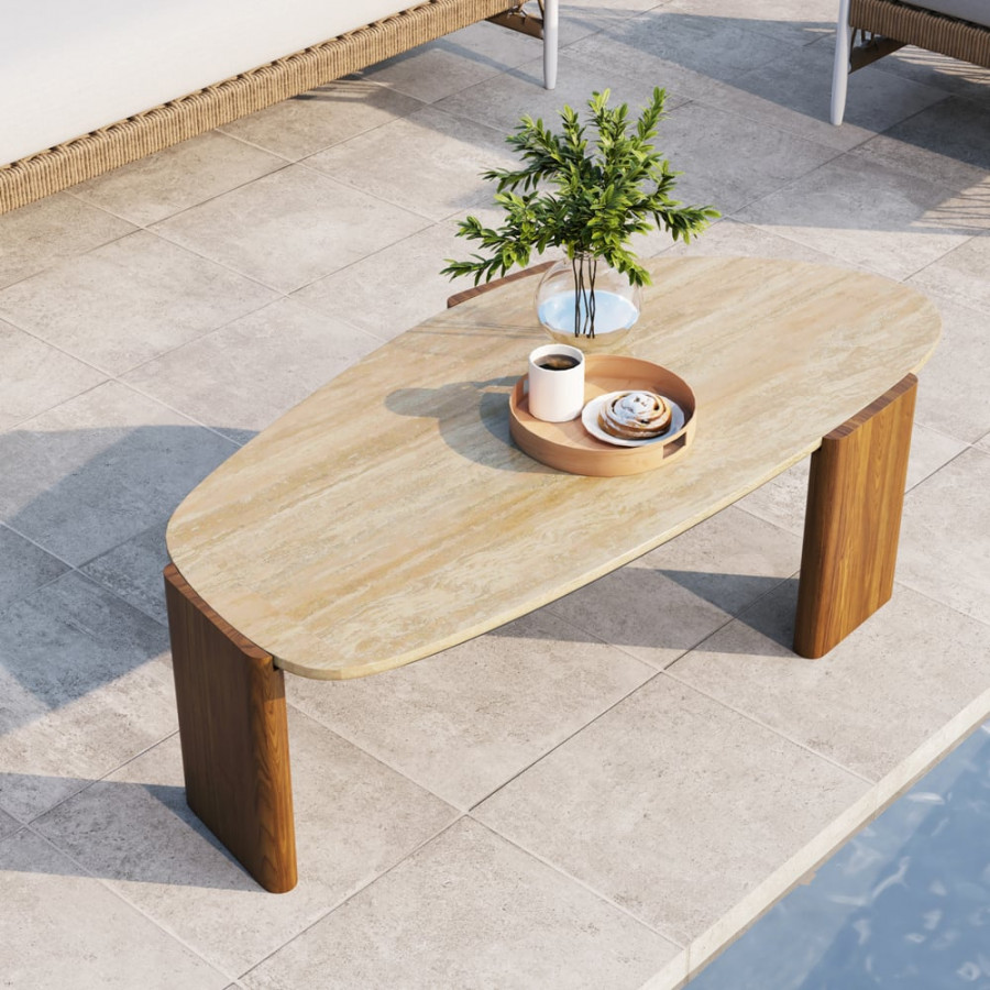 HMR - Modern Geometric Beige Outdoor Patio Travertine Coffee Table with Wood Stand in Walnut
