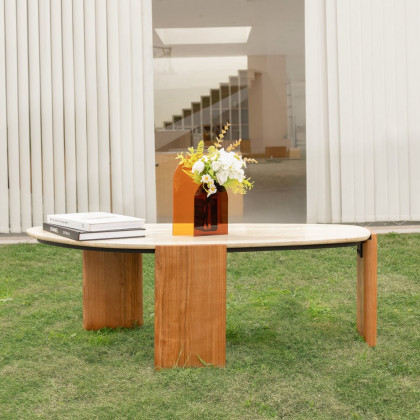HMR - Modern Geometric Beige Outdoor Patio Travertine Coffee Table with Wood Stand in Walnut