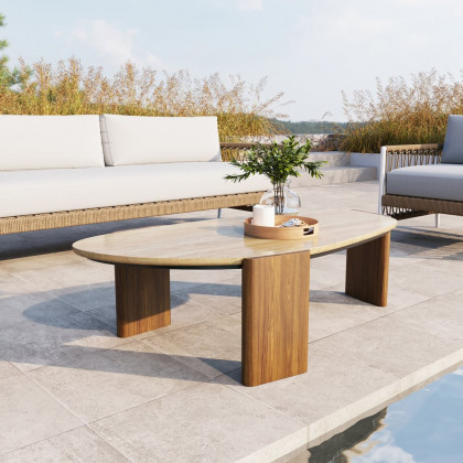 HMR - Modern Geometric Beige Outdoor Patio Travertine Coffee Table with Wood Stand in Walnut