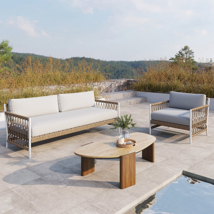HMR - Modern Geometric Beige Outdoor Patio Travertine Coffee Table with Wood Stand in Walnut