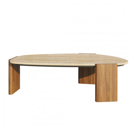HMR - Modern Geometric Beige Outdoor Patio Travertine Coffee Table with Wood Stand in Walnut