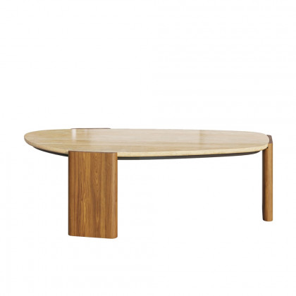 HMR - Modern Geometric Beige Outdoor Patio Travertine Coffee Table with Wood Stand in Walnut