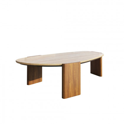 HMR - Modern Geometric Beige Outdoor Patio Travertine Coffee Table with Wood Stand in Walnut