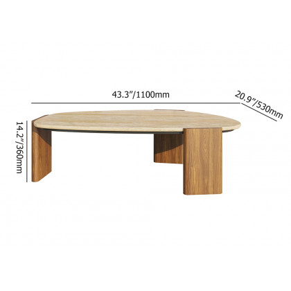 HMR - Modern Geometric Beige Outdoor Patio Travertine Coffee Table with Wood Stand in Walnut