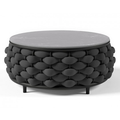 HMR - Tatta Modern Faux Marble Top Round Outdoor Coffee Table with Textilene Rope Woven Base