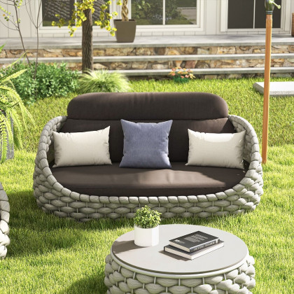 HMR Woven Outdoor Sofa Patio Couch Cushion & Pillow Included - Gray, 2-Seater