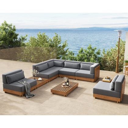 HMR - 9-Pieces Premium Teak Modular L-Shaped Outdoor Sectional Sofa Set