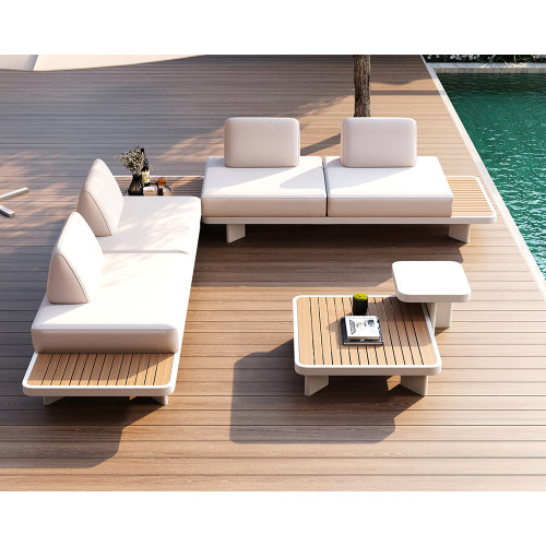 HMR 5-Pieces Outdoor Modular Sectional Sofa Set with Coffee Tables - White & Brown