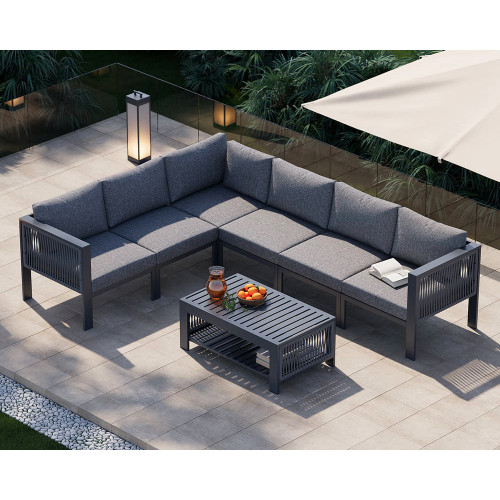 HMR - 7-Pieces Modular Aluminum L-Shaped Outdoor Sectional Sofa Set for 6 Person
