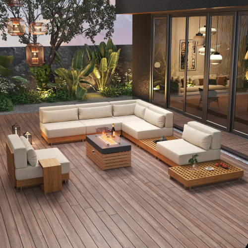 HMR 10-Pieces Premium Teak Modular L-Shaped Outdoor Sofa Set with Fire Pit - Beige