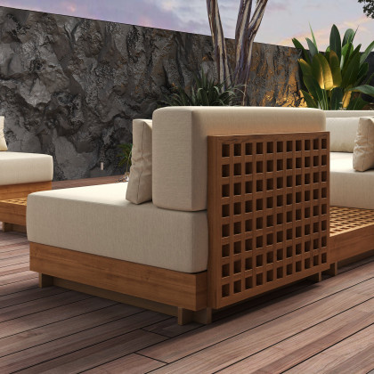 HMR 10-Pieces Premium Teak Modular L-Shaped Outdoor Sofa Set with Fire Pit - Beige