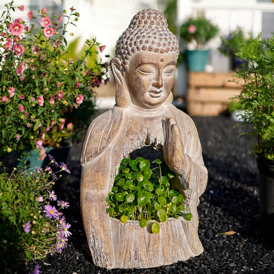 HMR - 20.9" Garden Buddha Statue Outdoor Resin Sculpture Decor Art With Flower Pot Planter