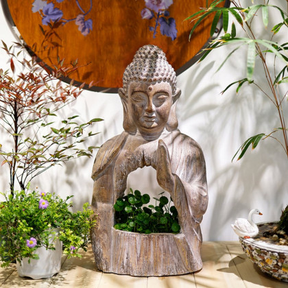 HMR - 20.9" Garden Buddha Statue Outdoor Resin Sculpture Decor Art With Flower Pot Planter
