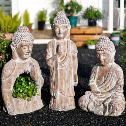 HMR - 20.9" Garden Buddha Statue Outdoor Resin Sculpture Decor Art With Flower Pot Planter