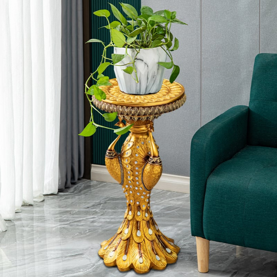 HMR - 27.2" Tall European Vintage Gold Pedestal Plant Stand Peacock Side Table Resin Sculpture