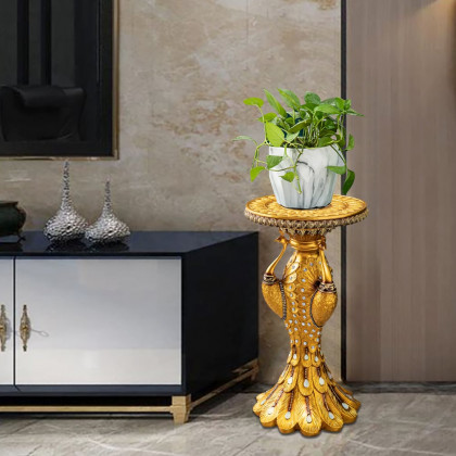 HMR - 27.2" Tall European Vintage Gold Pedestal Plant Stand Peacock Side Table Resin Sculpture