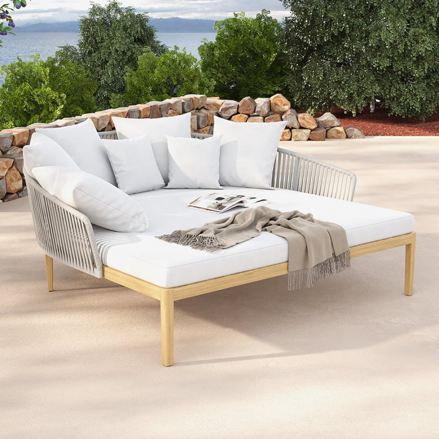 HMR Modern Style Rattan & Metal Outdoor Patio Daybed with Cushion Pillow - White & Gray