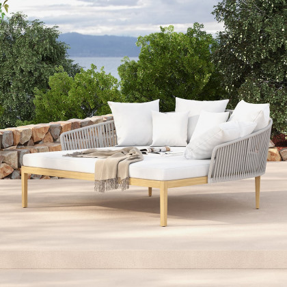 HMR Modern Style Rattan & Metal Outdoor Patio Daybed with Cushion Pillow - White & Gray