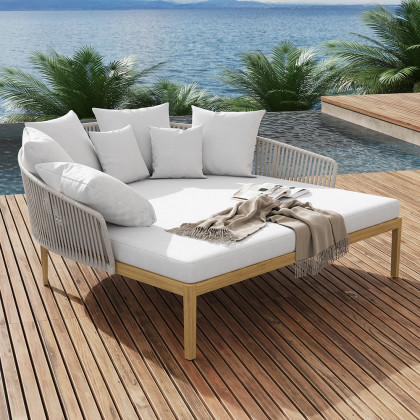 HMR Modern Style Rattan & Metal Outdoor Patio Daybed with Cushion Pillow - White & Gray