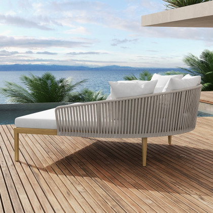 HMR Modern Style Rattan & Metal Outdoor Patio Daybed with Cushion Pillow - White & Gray