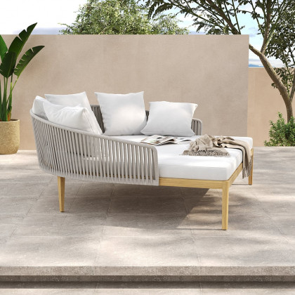 HMR Modern Style Rattan & Metal Outdoor Patio Daybed with Cushion Pillow - White & Gray