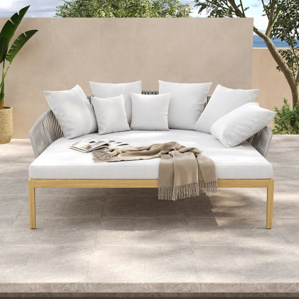 HMR Modern Style Rattan & Metal Outdoor Patio Daybed with Cushion Pillow - White & Gray