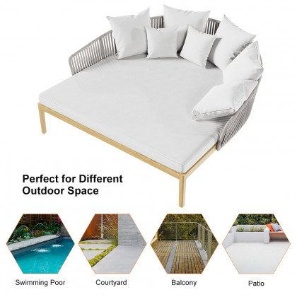 HMR Modern Style Rattan & Metal Outdoor Patio Daybed with Cushion Pillow - White & Gray