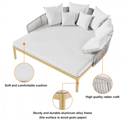 HMR Modern Style Rattan & Metal Outdoor Patio Daybed with Cushion Pillow - White & Gray