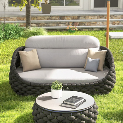 HMR Woven Outdoor Sofa Patio Couch Cushion & Pillow Included - Gray & Black, 2-Seater