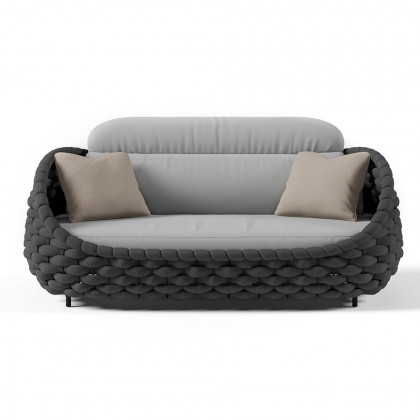 HMR Woven Outdoor Sofa Patio Couch Cushion & Pillow Included - Gray & Black, 2-Seater