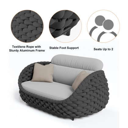 HMR Woven Outdoor Sofa Patio Couch Cushion & Pillow Included - Gray & Black, 2-Seater