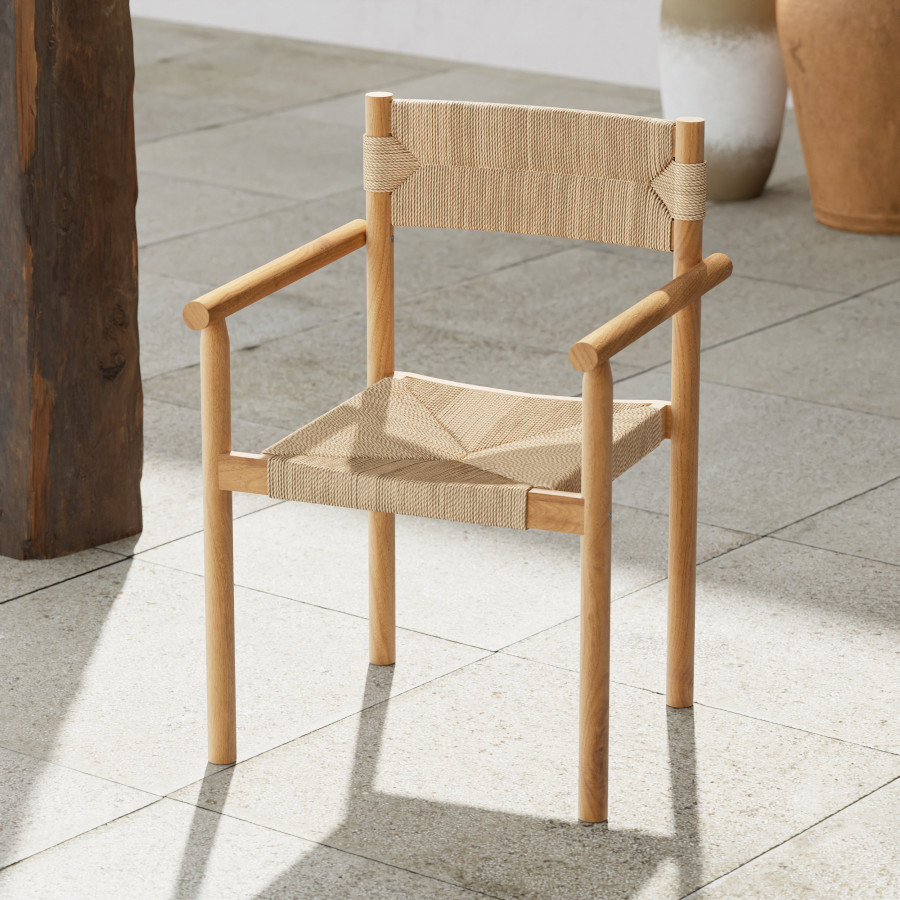 HMR - Natural Teak Wood Woven Natural Jute Outdoor Dining Chair
