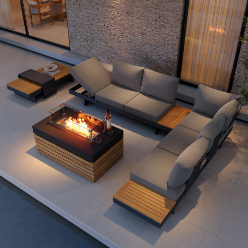 HMR 7-Pieces Modular Teak Outdoor Sofa Set with Smokeless Fire Pit for 6 Person - Gray