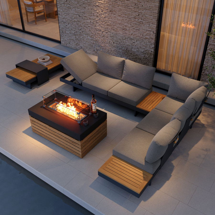 HMR 7-Pieces Modular Teak Outdoor Sofa Set with Smokeless Fire Pit for 6 Person - Gray