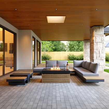 HMR 7-Pieces Modular Teak Outdoor Sofa Set with Smokeless Fire Pit for 6 Person - Gray