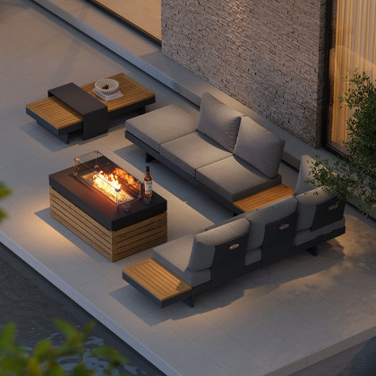 HMR 7-Pieces Modular Teak Outdoor Sofa Set with Smokeless Fire Pit for 6 Person - Gray
