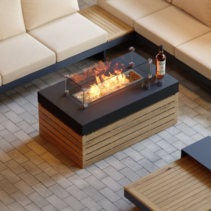 HMR 7-Pieces Modular Teak Outdoor Sofa Set with Smokeless Fire Pit for 6 Person - Gray