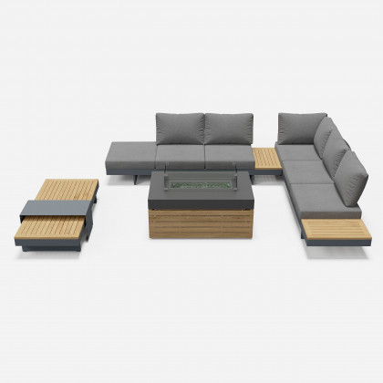 HMR 7-Pieces Modular Teak Outdoor Sofa Set with Smokeless Fire Pit for 6 Person - Gray