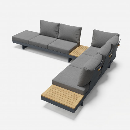 HMR 7-Pieces Modular Teak Outdoor Sofa Set with Smokeless Fire Pit for 6 Person - Gray