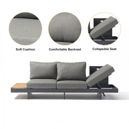 HMR 7-Pieces Modular Teak Outdoor Sofa Set with Smokeless Fire Pit for 6 Person - Gray