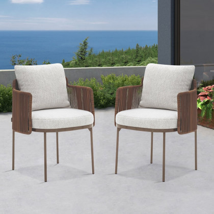 HMR - 2-Pieces Modern Aluminum & Rattan Outdoor Patio Dining Chair Beige & Brown Armchair Set