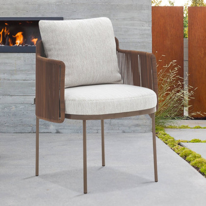 HMR - 2-Pieces Modern Aluminum & Rattan Outdoor Patio Dining Chair Beige & Brown Armchair Set